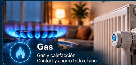 Gas y calefacción: llama azul de gas y radiador de calefacción